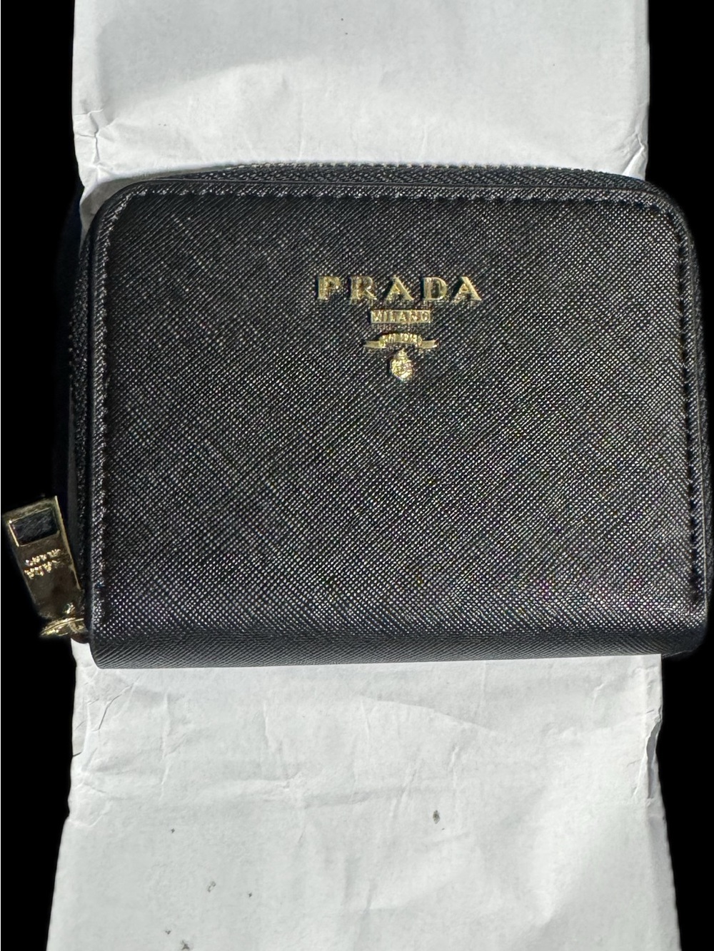 Prada Black Saffiano Zip Card Holder with Gold Logo